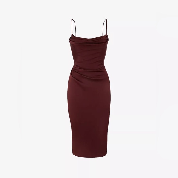 House of CB Anja Satin Corset Midi Dress in Raisin - Picture 2 of 5